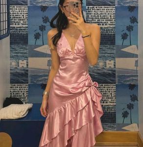 y2k Stunning Pink Halter Neck Ruffle Dress