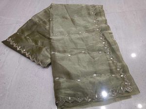 Elegant Olive Green Mirror Work Saree