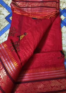 Red Saree with Peacock Embroidery