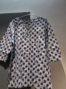 Blue Floral Print Cotton Kurta