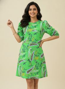 Vibrant Green Paisley Print Dress