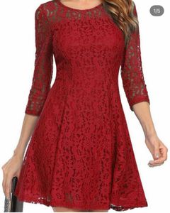Elegant Red Lace 3/4 Sleeve Dress