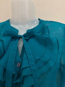 Teal Ruffle Neck Sheer Blouse