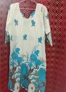 White Kurta Set with Blue Floral Print