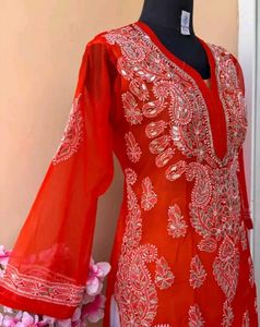 Red Chikankari Kurti Set With Sharara
