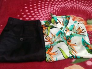combo set Men's Tropical Print Shirt & Black Pants