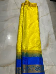 Vibrant Blue &amp; Yellow Brocade Saree
