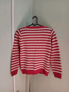 Pink Knit Sweater with White Stripes