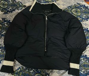 Black Puffer Jacket with Striped Cuffs