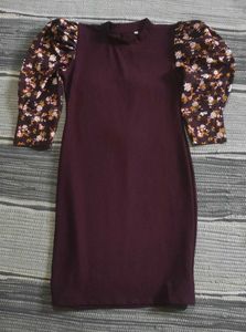 Chic Burgundy Dress with Floral Puff Sleeves