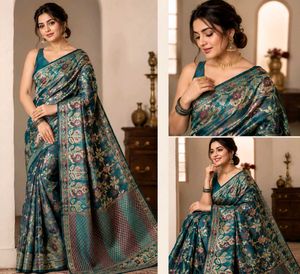 Elegant Teal Floral Brocade Saree