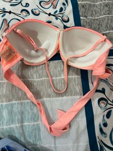Coral Bikini Top with Crochet Trim