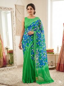 Vibrant Green Saree with Blue Bubble Print