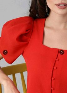 Chic Red Puff Sleeve Square Neck Top