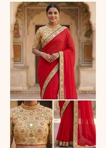 Rose Pink & Gold Embroidered Saree with Blouse