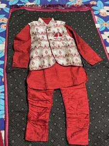 Boys' Festive red Kurta Set with nehru jacket