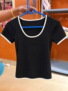 Black Ribbed Crop Top with White Trim