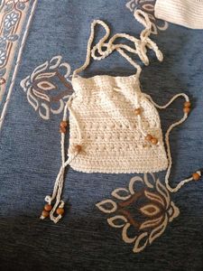 Cream Crochet Crossbody Bag with Beads