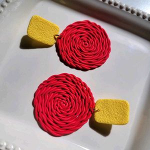 Handmade Red Swirl Earrings with Yellow Tops
