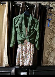 Floral Print A-Line Dress with Olive Shirt