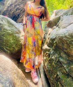 Paded Flowy Butterfly Print Maxi Dress