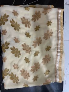 Elegant Ivory Gold Floral Organza Saree