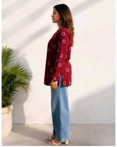 Maroon Printed V-Neck Kurta