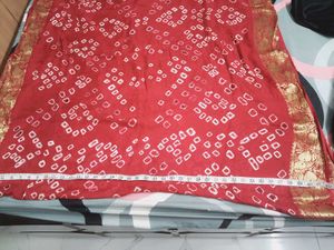 Red Bandhani Duppata with Golden Border