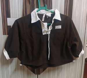 Brown Cropped Collared Top