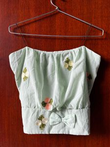 Cute Mint Green Crop Top with Floral Embroidery