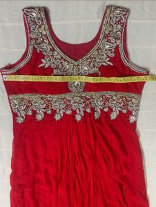 Red Long Flared Gown With Heavy Embroidery