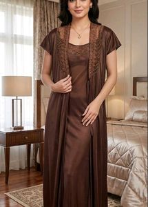 Elegant cofee Brown Nightgown with Lace Detail