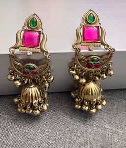 Exquisite Jhumka Earrings with Red & Green Stones
