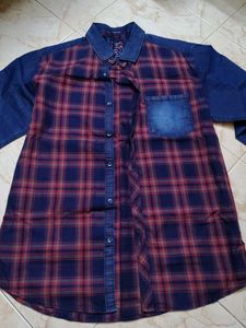 New Men's Denim & Plaid Patchwork Shirt