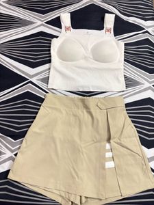Cute White Crop Top & Khaki Skort Set