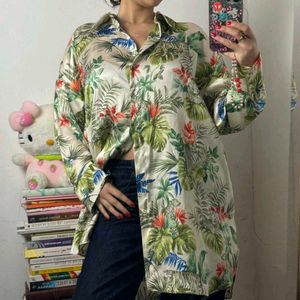 Oversized Satin Beachy Floral Long Shirt