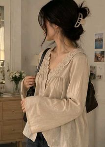 ⊹♡ Beige Lace-Collar Button-Up Blouse 🤎🌷