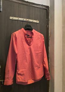 Coral Mandarin Collar Button-Up Shirt