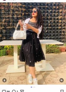 Chic Black Tiered Midi Dress with White Shrug