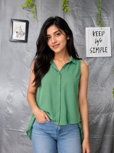 Emerald Green Sheer Button-Up Top