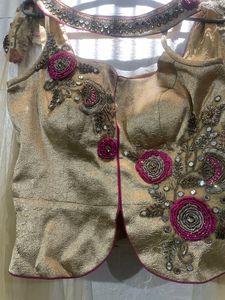 Elegant Gold &amp; Pink Brocade Lehenga Set