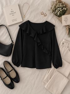 Chic Black Ruffle Neck Long Sleeve Top