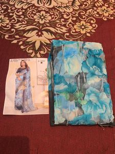 Beautiful Blue Fancy Saree with Floral Print