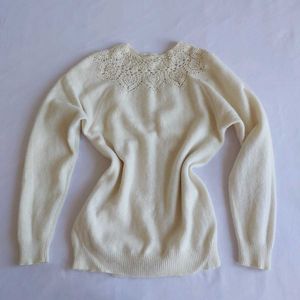 Cream Lace Detail woolen Knit Sweater