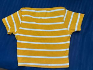 Mustard Yellow Striped Ribbed Square Neck Top