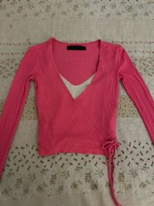 Pink Wrap pilate Top with white lace cami