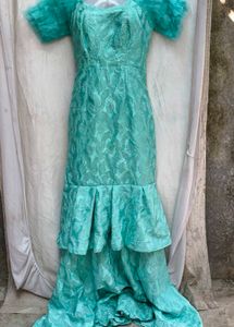 Elegant Teal Brocade Gown