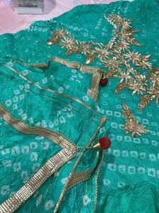 Green Bandhani Kurta Set with Golden Embroidery