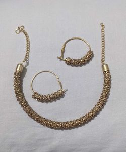 Gold Beaded Necklace & Hoop Earrings Set