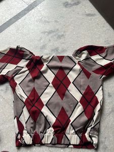 Red &amp; Cream Patterned Puff Sleeve Top